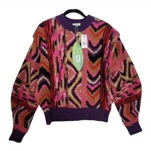 Farm Rio Red Striped Patches‎ Sweater Pullover Chunky Knit Wool Blend Dopamine L
